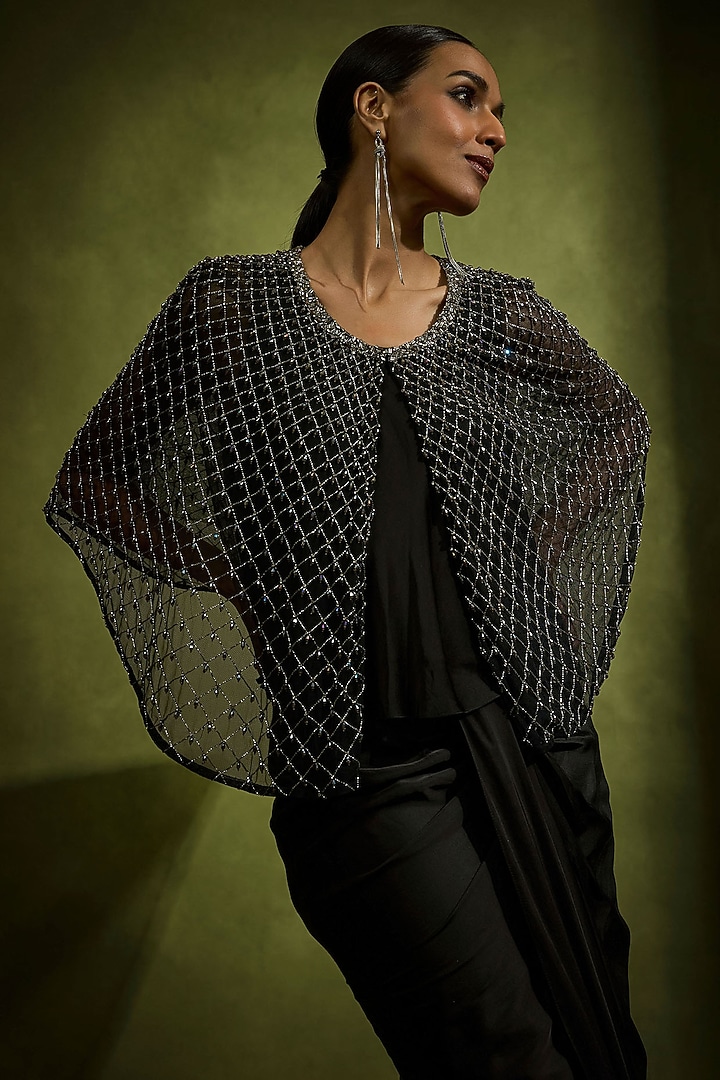 Black Satin Draped Skirt Set by Babita Malkani at Pernia's Pop Up Shop