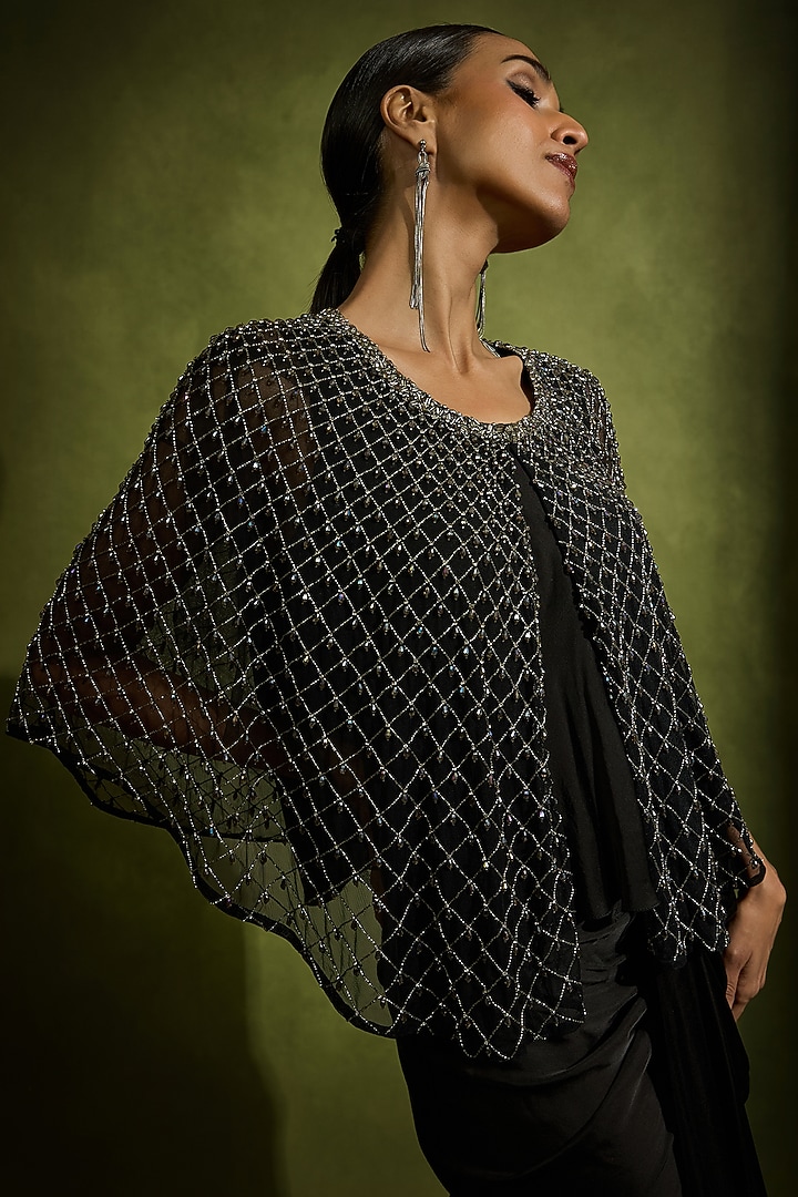 Black Satin Draped Skirt Set by Babita Malkani at Pernia's Pop Up Shop
