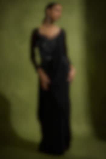 Black Satin Draped Wedding Gown Saree by Babita Malkani at Pernia's Pop Up Shop