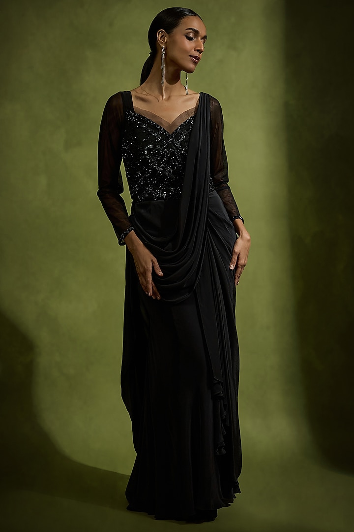 Black Satin Draped Wedding Gown Saree by Babita Malkani at Pernia's Pop Up Shop