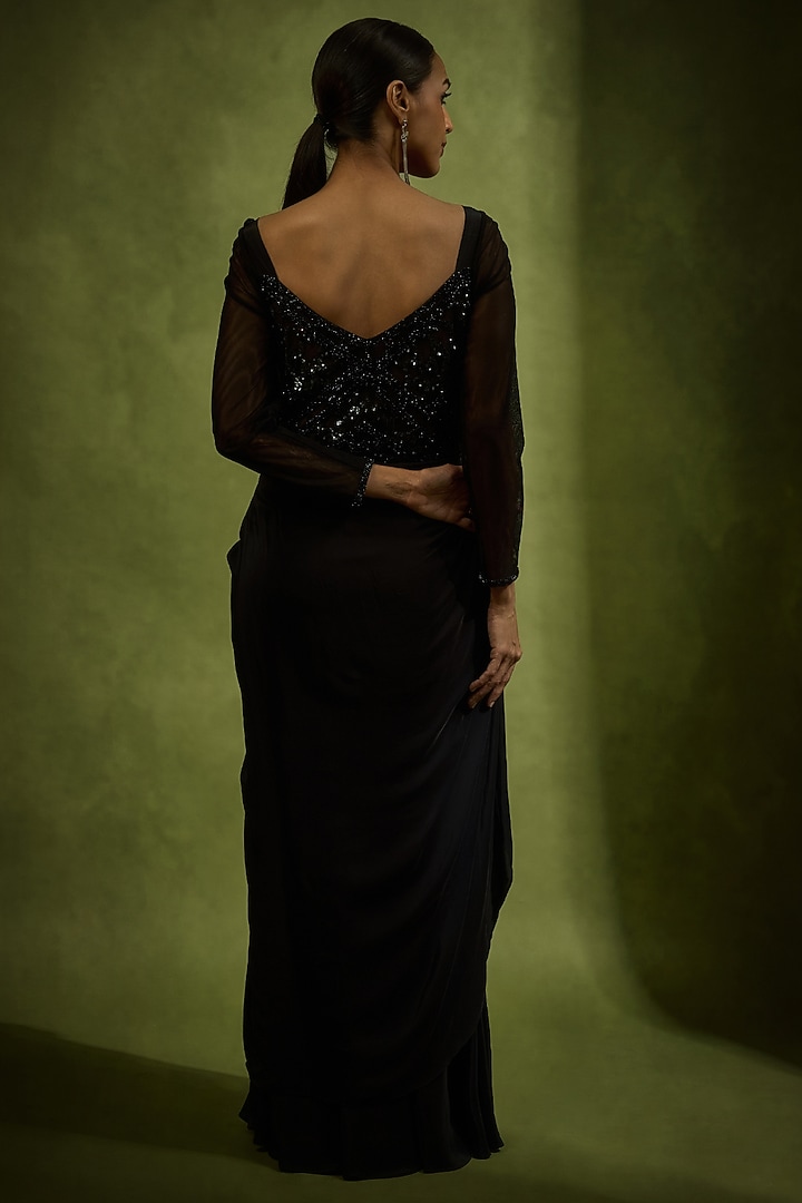 Black Satin Draped Wedding Gown Saree by Babita Malkani at Pernia's Pop Up Shop