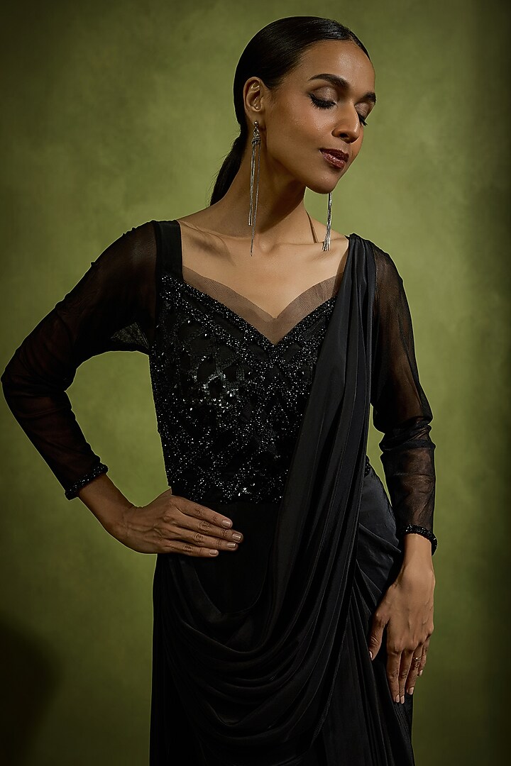 Black Satin Draped Wedding Gown Saree by Babita Malkani at Pernia's Pop Up Shop