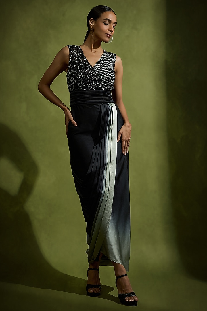 Black Ombre Pure Satin Crystal & Bead Work Draped Party Wear Dress by Babita Malkani at Pernia's Pop Up Shop