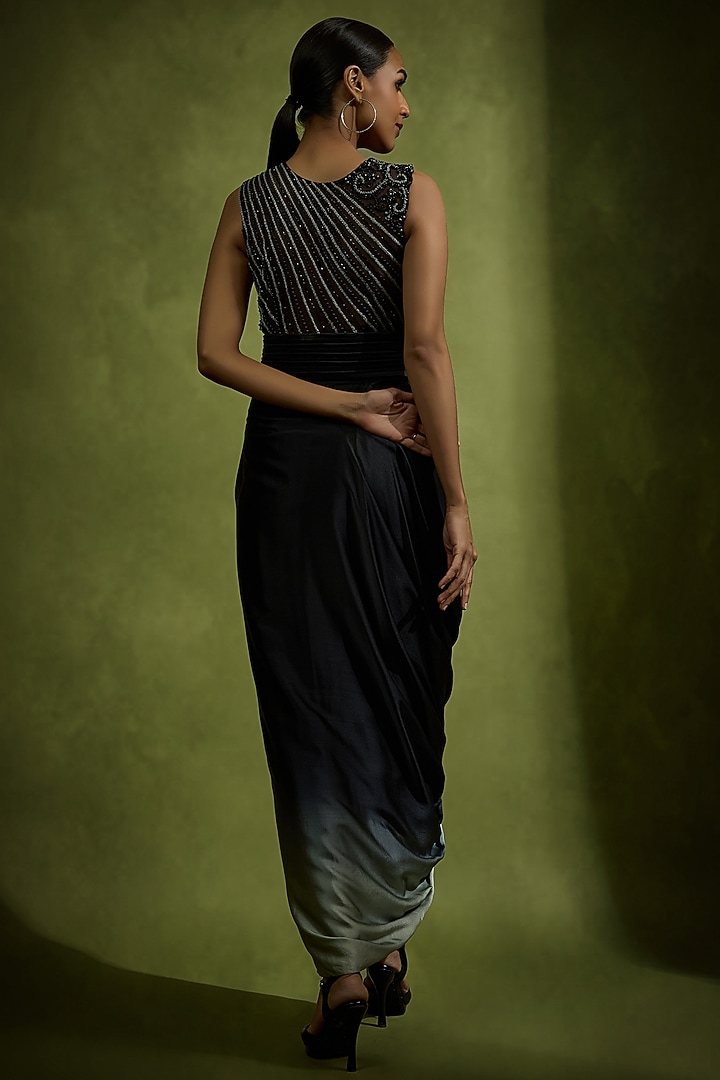 Black Ombre Pure Satin Crystal & Bead Work Draped Party Wear Dress by Babita Malkani at Pernia's Pop Up Shop