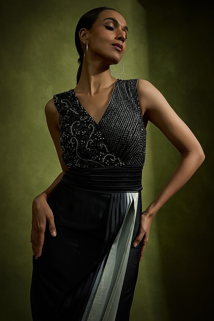 Black Ombre Pure Satin Crystal & Bead Work Draped Party Wear Dress by Babita Malkani at Pernia's Pop Up Shop