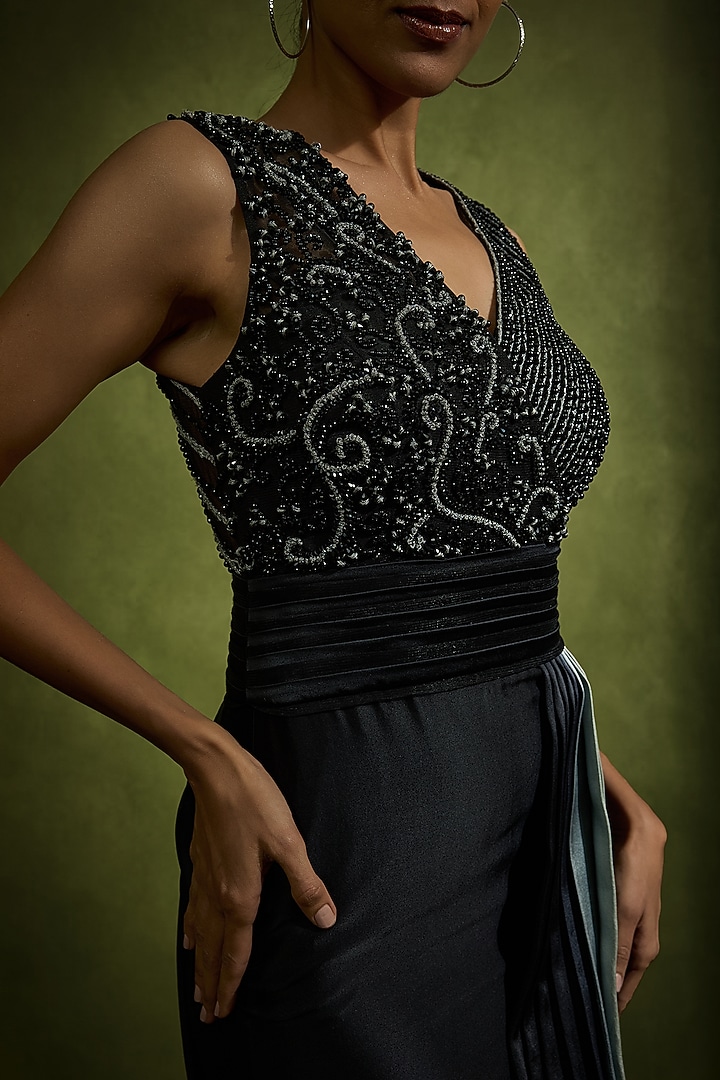 Black Ombre Pure Satin Crystal & Bead Work Draped Party Wear Dress by Babita Malkani at Pernia's Pop Up Shop