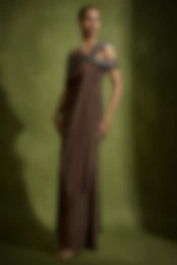 Brown Pure Crepe Silk Off-Shoulder Engagement Gown by Babita Malkani at Pernia's Pop Up Shop