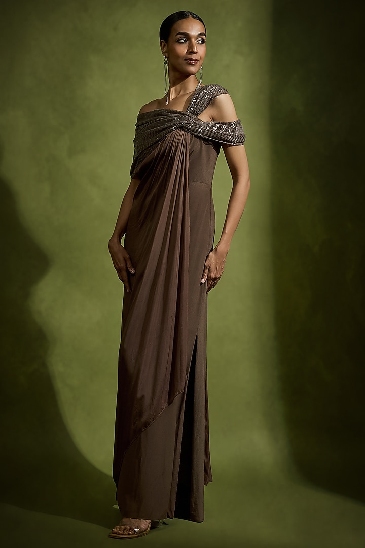 Brown Pure Crepe Silk Off-Shoulder Engagement Gown by Babita Malkani at Pernia's Pop Up Shop