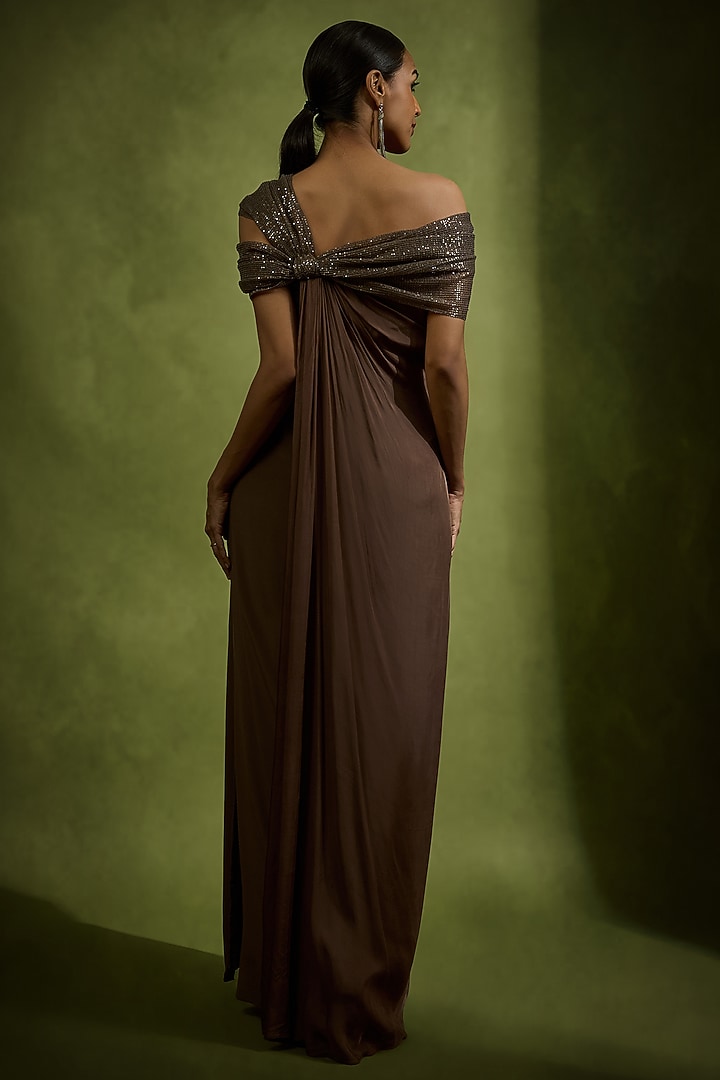 Brown Pure Crepe Silk Off-Shoulder Engagement Gown by Babita Malkani at Pernia's Pop Up Shop