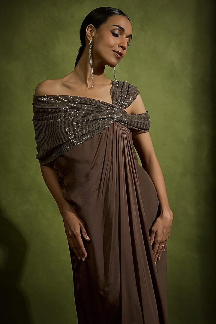 Brown Pure Crepe Silk Off-Shoulder Engagement Gown by Babita Malkani at Pernia's Pop Up Shop