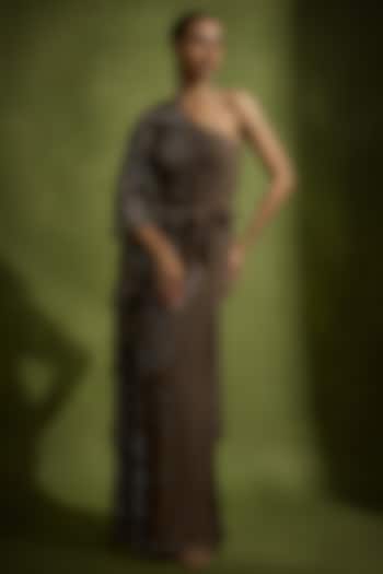 Umber Brown Pure Crepe Silk & Sequins Tulle Embellished One Shoulder Kaftan Gown by Babita Malkani at Pernia's Pop Up Shop