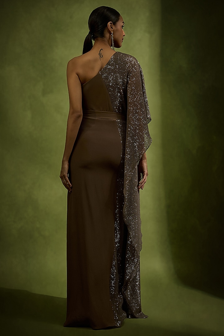 Umber Brown Pure Crepe Silk & Sequins Tulle Embellished One Shoulder Kaftan Gown by Babita Malkani at Pernia's Pop Up Shop