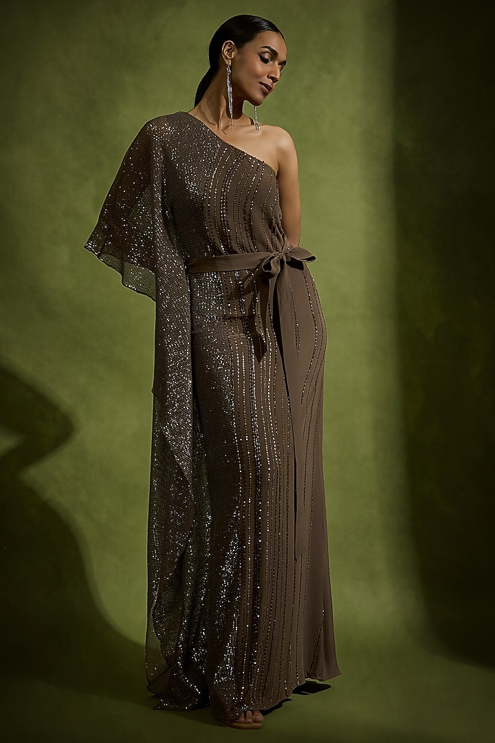 Umber Brown Pure Crepe Silk & Sequins Tulle Embellished One Shoulder Kaftan Gown by Babita Malkani at Pernia's Pop Up Shop