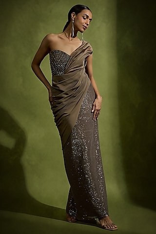 Umber Brown Pure Crepe Silk & Sequins Tulle Embellished Corset Gown by Babita Malkani