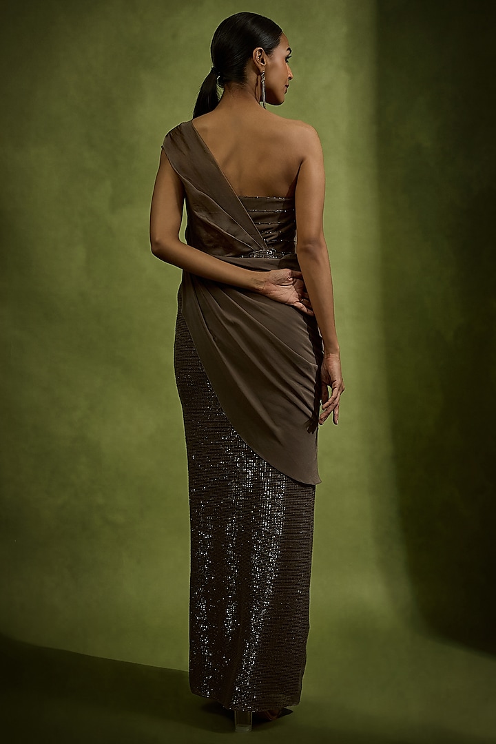 Umber Brown Pure Crepe Silk & Sequins Tulle Embellished Corset Engagement Gown by Babita Malkani at Pernia's Pop Up Shop