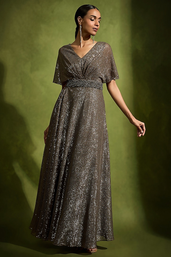 Umber Brown Sequins Tulle Embellished A-line Engagement Gown by Babita Malkani at Pernia's Pop Up Shop