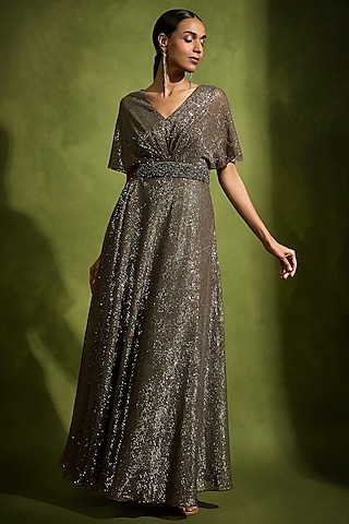 Umber Brown Sequins Tulle Embellished A-line Gown by Babita Malkani