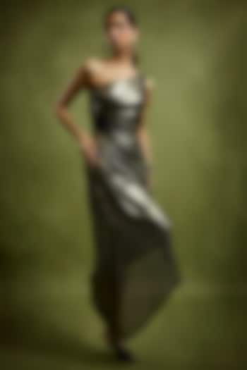 Gold Foil Sequins Embroidered One Shoulder Pleated Vacation Dress by Babita Malkani at Pernia's Pop Up Shop