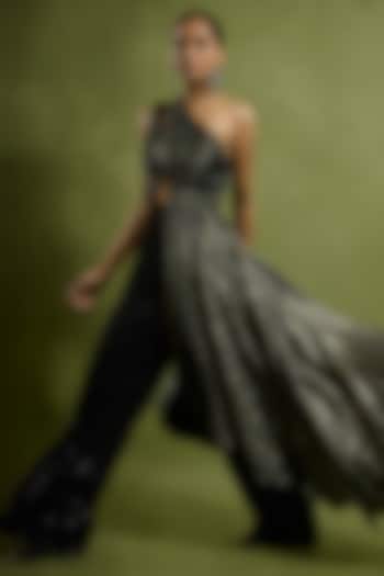 Black & Gold Metallic One Shoulder Draped Jumpsuit by Babita Malkani at Pernia's Pop Up Shop