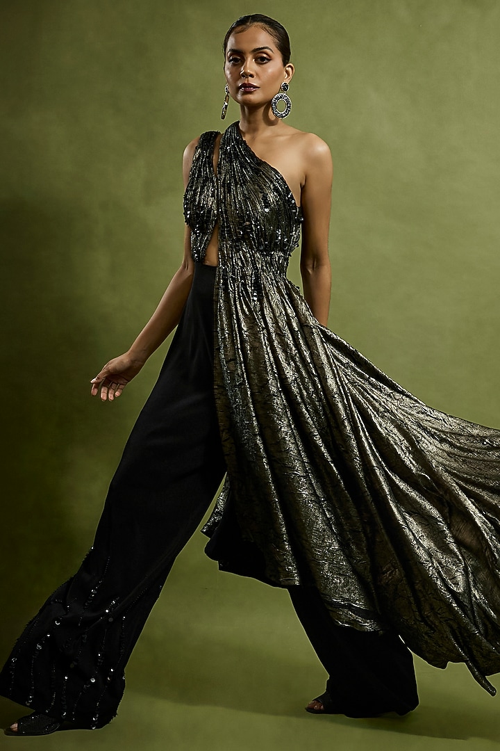 Black & Gold Metallic One Shoulder Draped Jumpsuit by Babita Malkani at Pernia's Pop Up Shop