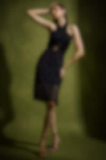 Black Tulle Embellished Halter Mini Party Wear Dress by Babita Malkani at Pernia's Pop Up Shop