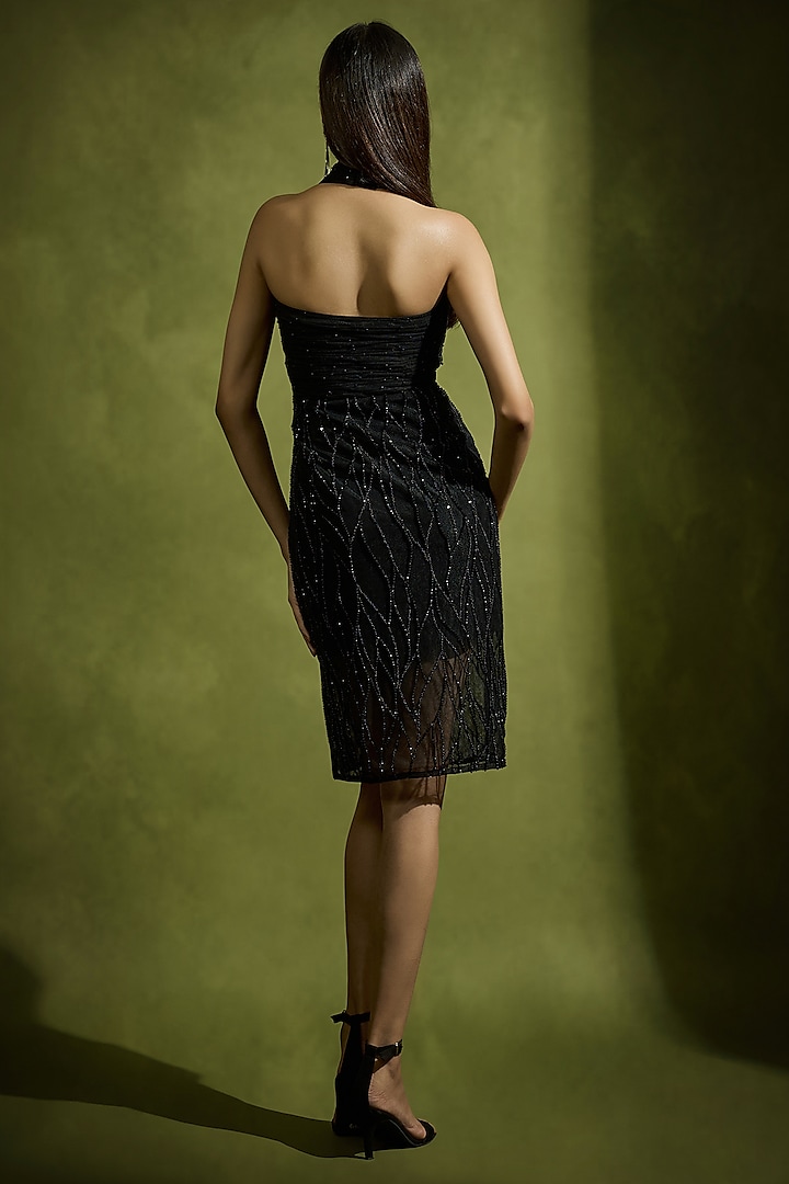 Black Tulle Embellished Halter Mini Party Wear Dress by Babita Malkani at Pernia's Pop Up Shop