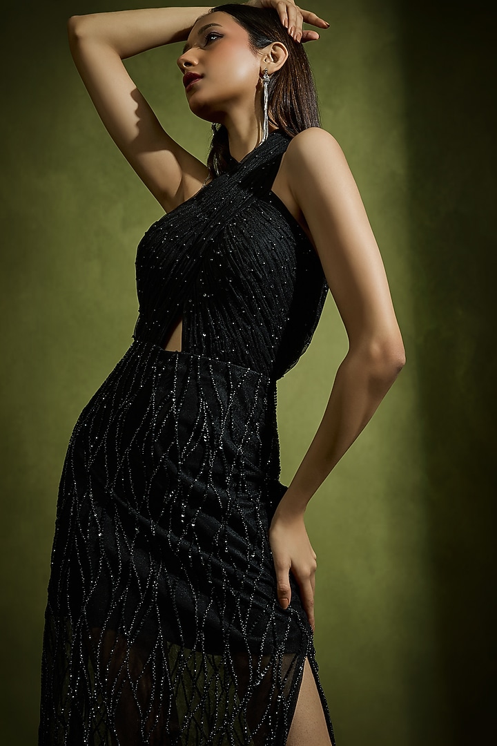 Black Tulle Embellished Halter Mini Party Wear Dress by Babita Malkani at Pernia's Pop Up Shop