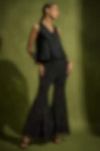 Black Pure Satin & Tulle Embroidered Co-Ord Set by Babita Malkani at Pernia's Pop Up Shop