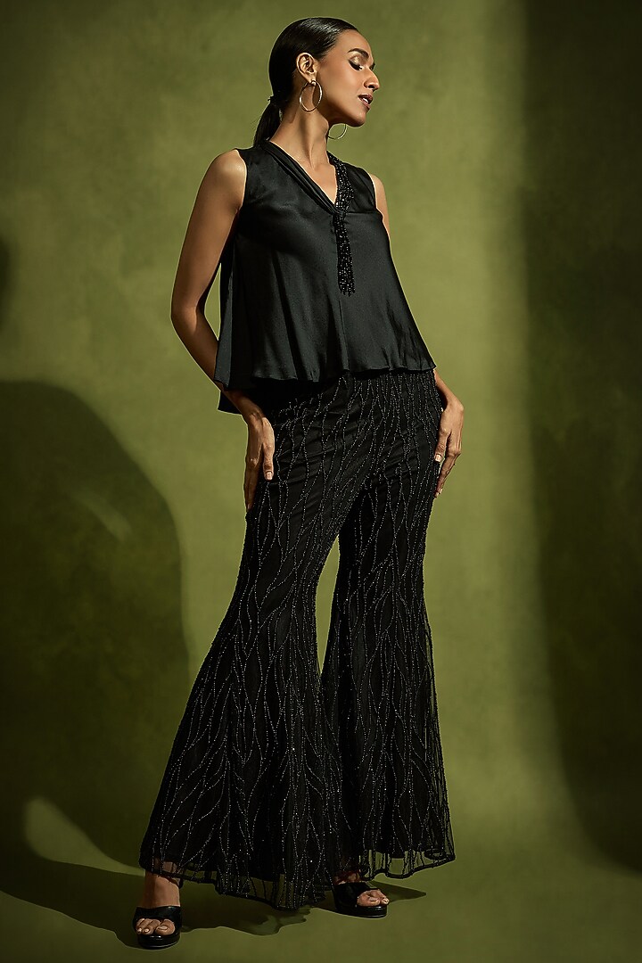 Black Pure Satin & Tulle Embroidered Co-Ord Set by Babita Malkani at Pernia's Pop Up Shop