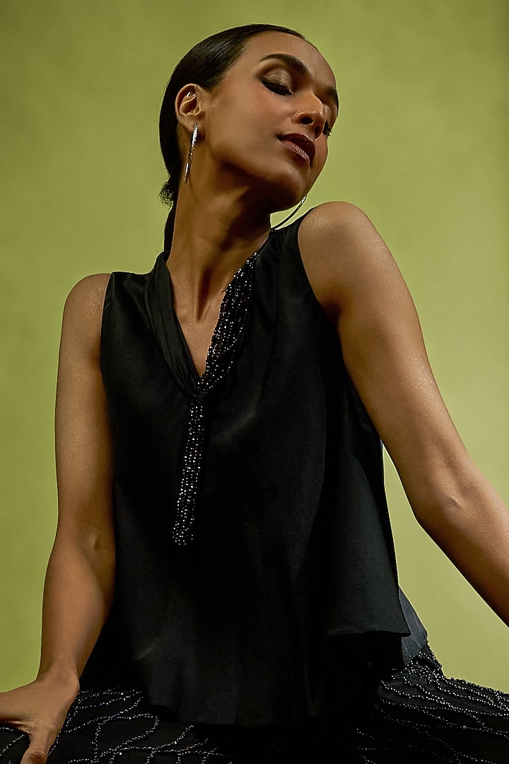 Black Pure Satin & Tulle Embroidered Co-Ord Set by Babita Malkani at Pernia's Pop Up Shop
