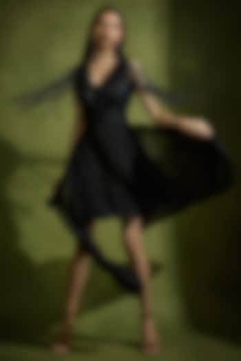 Black Satin & Georgette Beadwork High-Low Mini Cocktail Dress by Babita Malkani at Pernia's Pop Up Shop