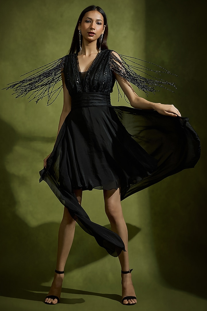 Black Satin & Georgette Beadwork High-Low Mini Cocktail Dress by Babita Malkani at Pernia's Pop Up Shop