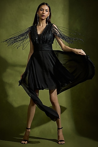Black Satin & Georgette Beadwork High-Low Mini Dress by Babita Malkani