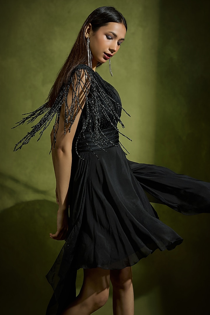 Black Satin & Georgette Beadwork High-Low Mini Cocktail Dress by Babita Malkani at Pernia's Pop Up Shop