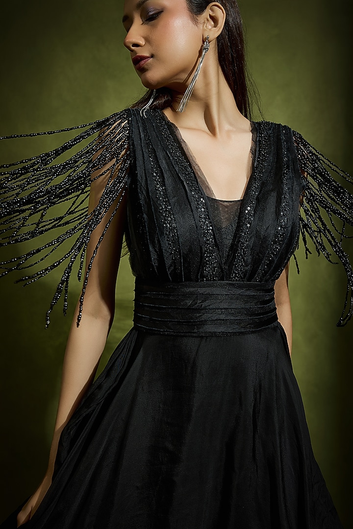Black Satin & Georgette Beadwork High-Low Mini Cocktail Dress by Babita Malkani at Pernia's Pop Up Shop