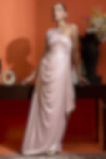 Pink Shimmer Lycra Pearl Embroidered Draped One-Shoulder Engagement Gown by Babita Malkani at Pernia's Pop Up Shop