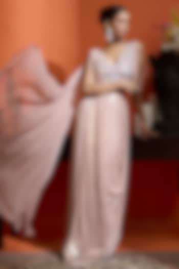 Metallic Blush Pink Shimmer Georgette Pre-Draped Wedding Saree Set by Babita Malkani at Pernia's Pop Up Shop