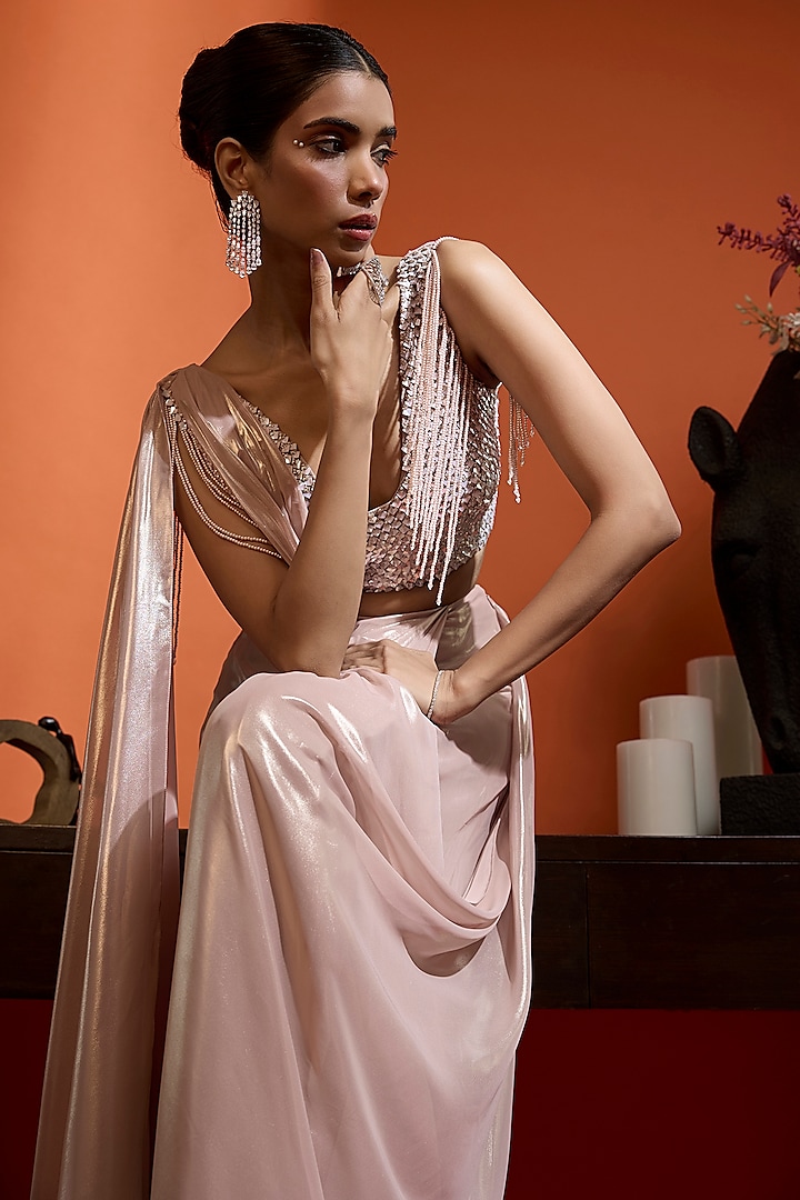 Metallic Blush Pink Shimmer Georgette Pre-Draped Wedding Saree Set by Babita Malkani at Pernia's Pop Up Shop