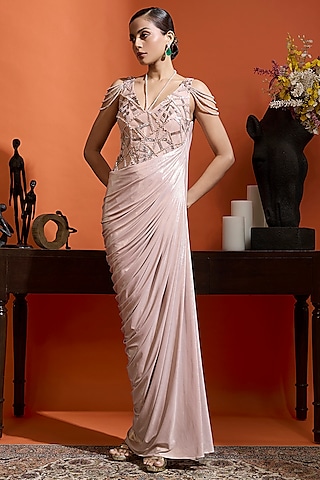 Pink Shimmer Lycra Pearl Embellished Draped Metallic Gown by Babita Malkani