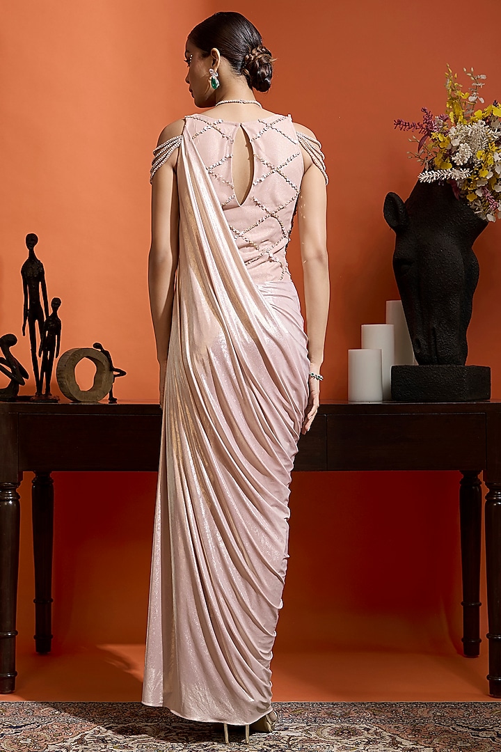 Pink Shimmer Lycra Pearl Embellished Draped Metallic Engagement Gown by Babita Malkani at Pernia's Pop Up Shop