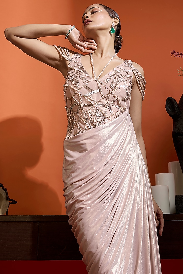 Pink Shimmer Lycra Pearl Embellished Draped Metallic Engagement Gown by Babita Malkani at Pernia's Pop Up Shop