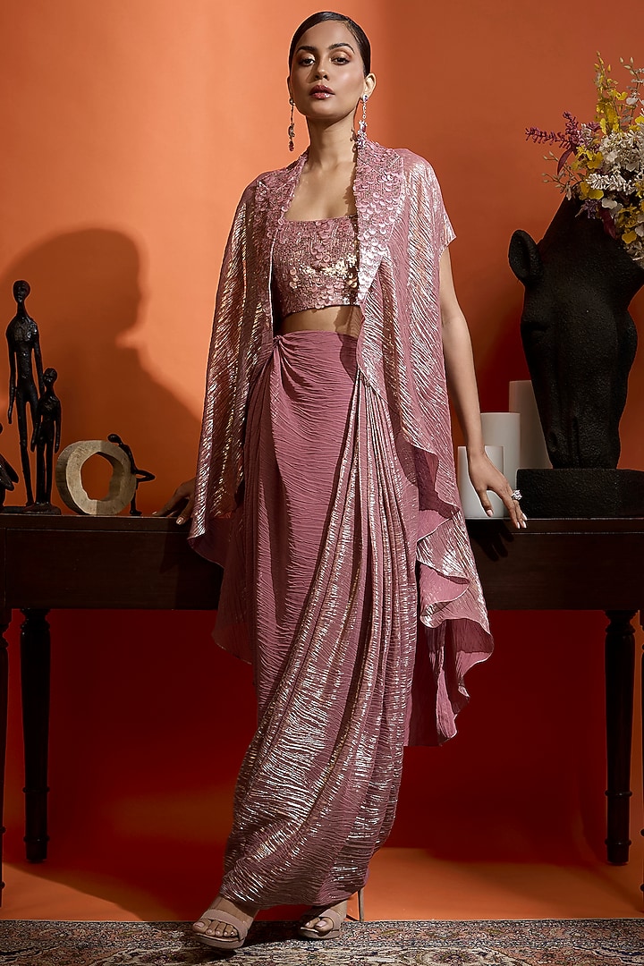 Dark Metallic Pink Wrinkled shimmer Georgette Embellished Cape Set by Babita Malkani at Pernia's Pop Up Shop