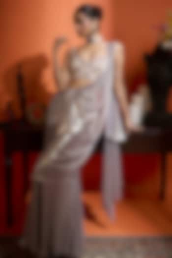 Silver Metallic Shimmer Georgette Embellished Pre-Draped Wedding Saree Set  by Babita Malkani at Pernia's Pop Up Shop