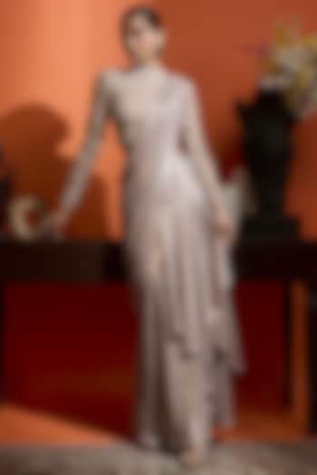 Champagne Gold Shimmer Georgette Pre-Draped Wedding Saree Set by Babita Malkani at Pernia's Pop Up Shop