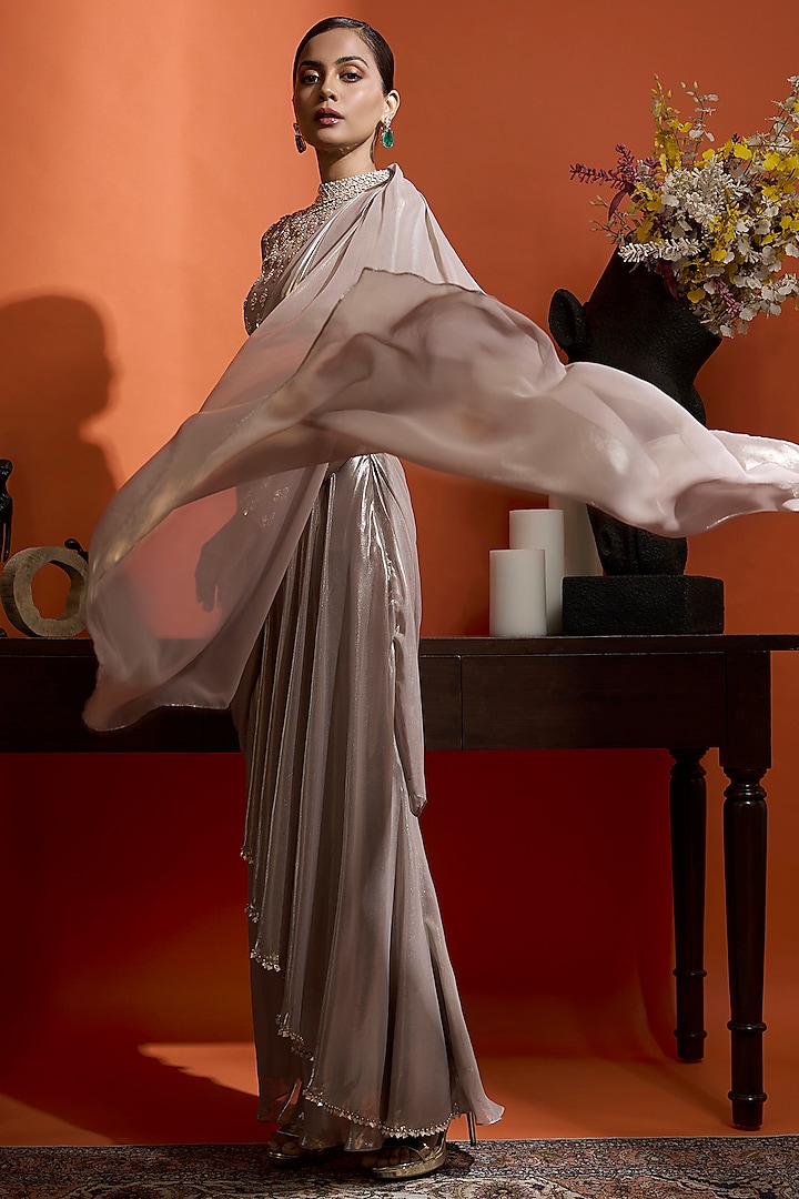 Bronze Shimmer Georgette Kaftan-Style Cape Set by Babita Malkani at Pernia's Pop Up Shop