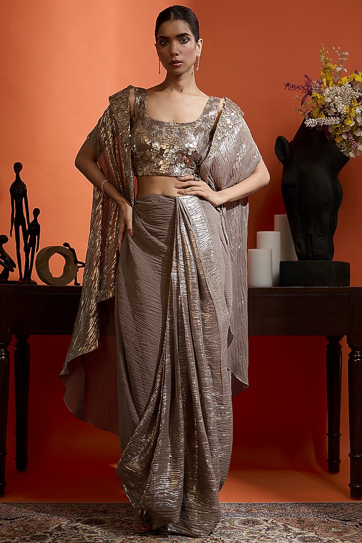 Champagne Gold Wrinkled Shimmer Georgette Embellished Cape Set by Babita Malkani at Pernia's Pop Up Shop