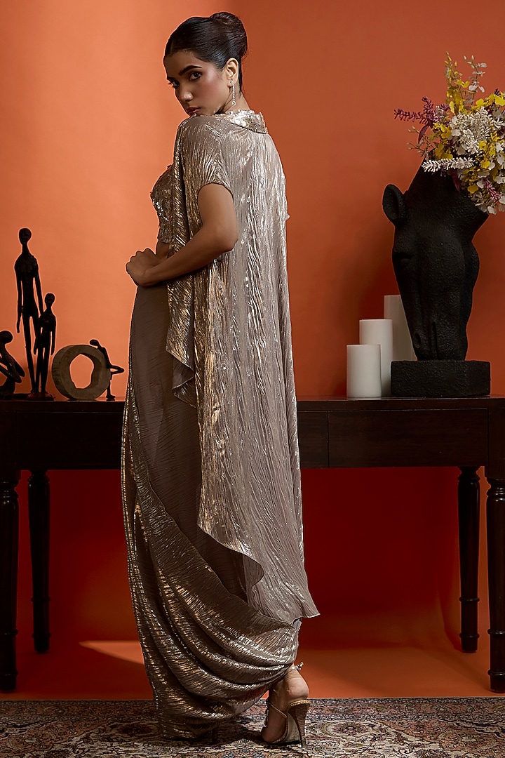 Champagne Gold Wrinkled Shimmer Georgette Embellished Cape Set by Babita Malkani at Pernia's Pop Up Shop