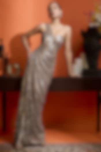 Champagne Metallic Gold Wrinkled Shimmer Georgette One-Shoulder Cocktail Dress by Babita Malkani at Pernia's Pop Up Shop