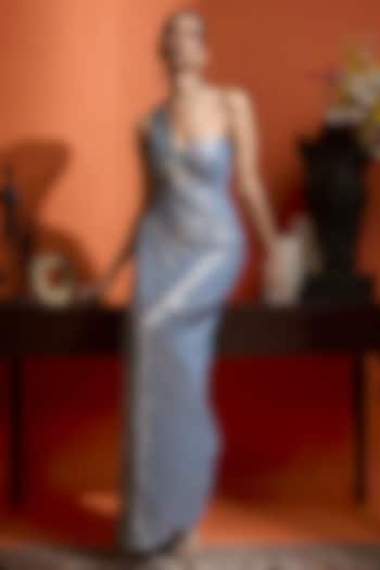 Sky Blue Wrinkled Shimmer Georgette One-Shoulder Dress by Babita Malkani at Pernia's Pop Up Shop