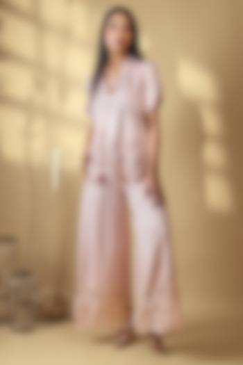 Blush Pink Velour Satin Lace Embroidered Co-Ord Set by Babita Malkani at Pernia's Pop Up Shop